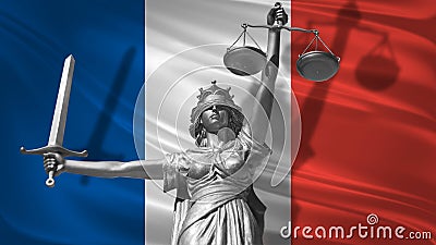 Cover about Law. Statue of god of justice Themis with Flag of France background. Original Statue of Justice. Femida, with scale, s Stock Photo