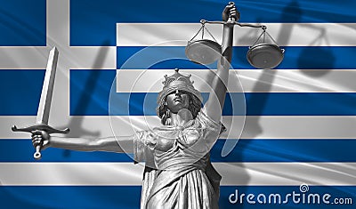 Cover about Law. Statue of god of justice Themis with Flag of Greece background. Original Statue of Justice. Femida, with scale, s Stock Photo
