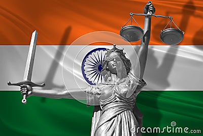 Cover about Law. Statue of god of justice Themis with Flag of India background. Original Statue of Justice. Femida, with scale, sy Stock Photo