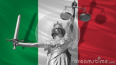 Cover about Law. Statue of god of justice Themis with Flag of Italy background. Original Statue of Justice. Femida, with scale, sy Stock Photo