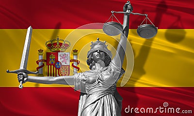 Cover about Law. Statue of god of justice Themis with Flag of Spain background. Original Statue of Justice. Femida, with scale, sy Stock Photo
