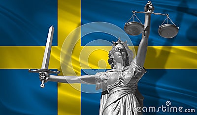 Cover about Law. Statue of god of justice Themis with Flag of Sweden background. Original Statue of Justice. Femida, with scale, s Stock Photo