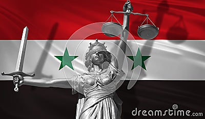 Cover about Law. Statue of god of justice Themis with Flag of Syria background. Original Statue of Justice. Femida, with scale, sy Stock Photo