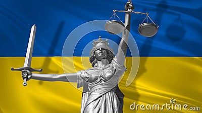Cover about Law. Statue of god of justice Themis with Flag of Ukraine background. Original Statue of Justice. Femida, with scale, Stock Photo