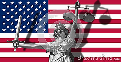 Cover about Law. Statue of god of justice Themis with Flag of USA background. Original Statue of Justice. Femida, with scale, symb Stock Photo