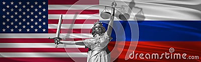 Cover about Law. Statue of god of justice Themis with Flags of USA and Russia background. Original Statue of Justice. Femida, with Stock Photo