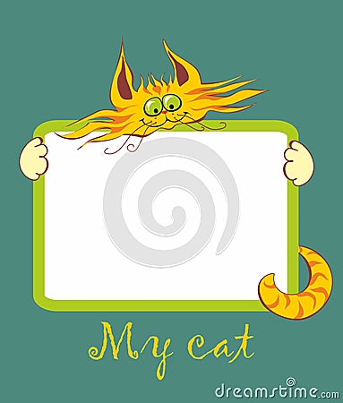 Cover for notebook. Frame. My cat. Inscription. Cheerful red cartoon cat. Vector Cartoon Illustration