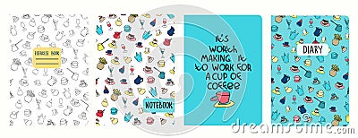 Cover page templates based on patterns with cafe objects, cakes, other objects. Background for notebooks, diaries Vector Illustration