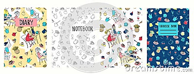 Cover page templates based on patterns with cafe scenes, cakes, other objects. Background for notebooks, diaries Vector Illustration