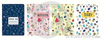 Cover page templates based on patterns with cafe scenes, cakes, other objects. Background for notebooks, diaries Vector Illustration