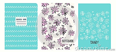 Cover page templates based on patterns with flowers in Ditzy style, gridlines. Headers isolated, replaceable Vector Illustration