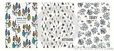 Cover page templates based on patterns with flowers in Ditzy style, gridlines. Headers isolated, replaceable Vector Illustration