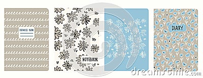 Cover page templates based on patterns with flowers in Ditzy style, spiral lines. Headers isolated, replaceable Vector Illustration