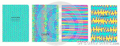 Cover page vector templates in Y2K bug style with circles, waves, spiral lines. Headers isolated and replaceable Vector Illustration