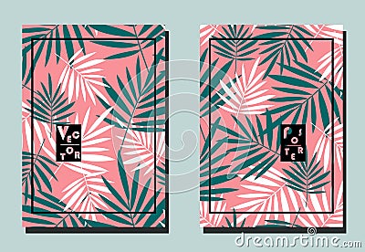 Cover with palm turquoise and white leaves on pink backdrop. Two floral vector templates of flyers. Vector Illustration