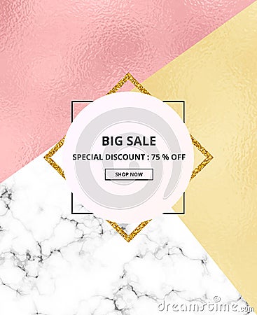 Cover placard sale white marble or stone texture and pink, gold foil texture and glitter frame background. Templates for your desi Stock Photo