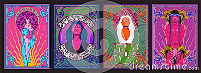Psychedelic Women Set 1960s Style Illustrations Stock Photo
