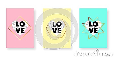 Cover set for valentines day. Marble heart, black text love, gold frame. Pink, yellow, mint. Vector Illustration