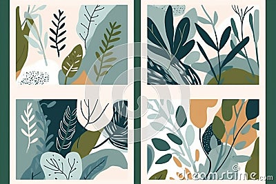 set poster leaf art design jungle nature template abstract illustration. Generative AI. Cartoon Illustration