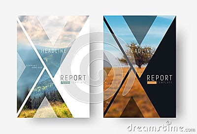 Cover template for a report in a minimalistic style with triangular design elements for a photo. Vector Illustration