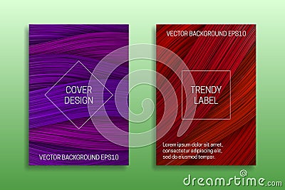 Cover templates with volumetric colored curls. Trendy brochure or packaging backgrounds in purple and red shades Vector Illustration