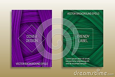 Cover templates with volumetric strokes. Trendy brochures backgrounds in purple and green shades Vector Illustration
