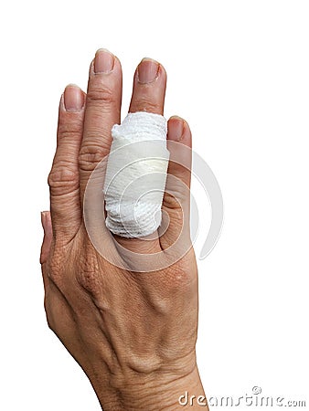 Cover the wound with gauze by wrapping it around the wound to prevent infection. Stock Photo