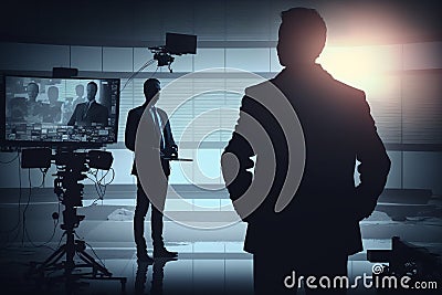 Coverage of events, programs. News production, journalists correspondents. Studio, information. TV Live Reporting Stock Photo
