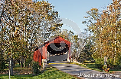 Covered Bridge in Autumn Stock Photo