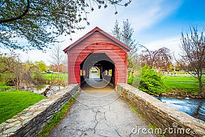 Covered bridge at Baker Park, in Frederick, Maryland. Stock Photo
