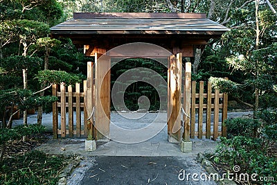 Covered Gate Entrance to Asian Garden Stock Photo