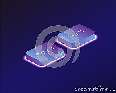 Combination Ctrl and Alt. Covered with a neon backlit keyboard button. Software development concept. Vector illustration Cartoon Illustration