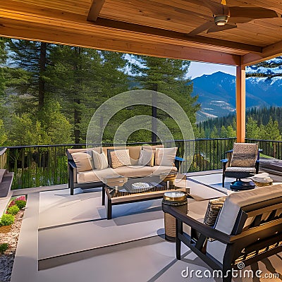 16 A covered patio with a fireplace, comfortable seating, and a view of the mountains2, Generative AI Stock Photo