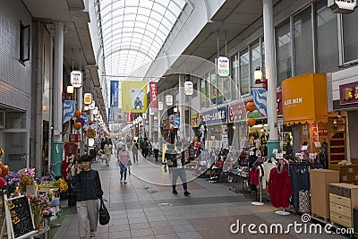 Covered Shopping arcade Kawabata Shotengai in lenght of downtown Fukuoka Editorial Stock Photo