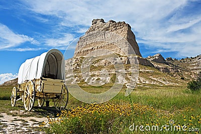 Covered wagon, Scotts Bluff National Monument, Nebraska Stock Photo