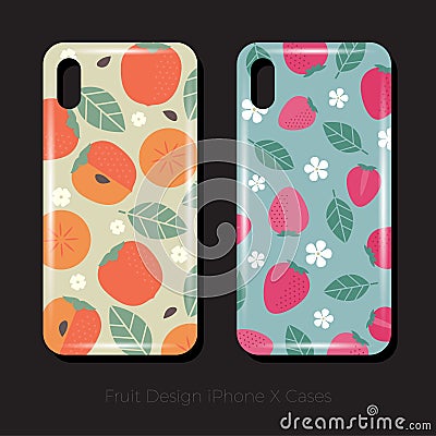 Covers for iPhone X. Juicy fruit pattern of persimmons with leaves and flowers. Strawberry pattern with leaves and flowers. Vector Illustration