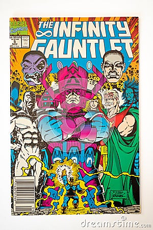 Covers of vintage Marvel Infinity Gauntlet comic Editorial Stock Photo