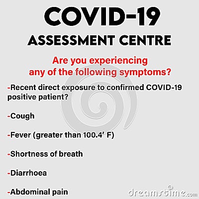 Covid19 Assessment Center Notice With list of symptoms of Coronavirus Vector Illustration