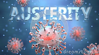 Covid and austerity, pictured as red viruses attacking word austerity to symbolize turmoil, global world problems and the relation Cartoon Illustration