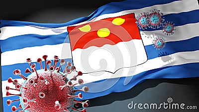 Covid in Batumi - coronavirus attacking a city flag of Batumi as a symbol of a fight and struggle with the virus pandemic in this Cartoon Illustration