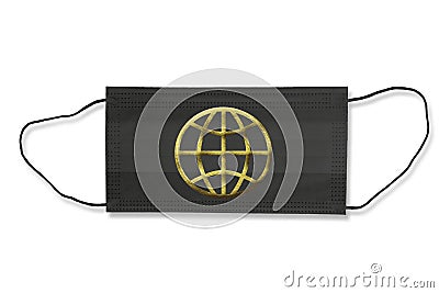 Covid-19, black mask with gold world map symbol isolated Stock Photo