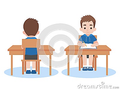 Boy back and front studying lessons distance education at home self learning for prevent coronavirus Vector Illustration