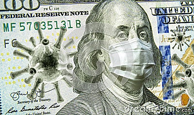 COVID-19, business and financial crisis concept, dollar money bill with coronavirus icons, 3D illustration. COVID impacts global Cartoon Illustration