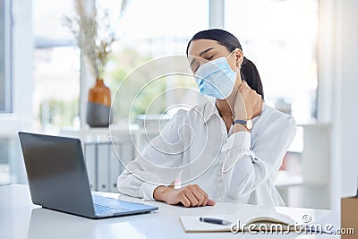 Covid business woman, neck pain and stress injury at office desk in startup. Sad, sick and tired face mask employee Stock Photo