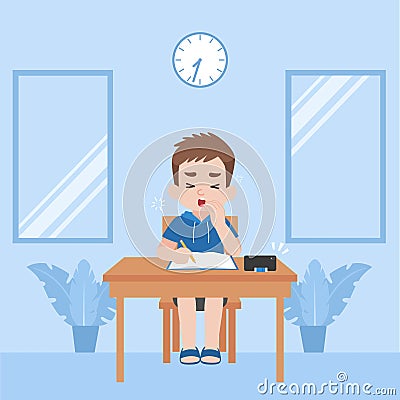 Children in new normal life learns lessons distance education at home self learning for prevent coronavirus feeling sleepy Vector Illustration