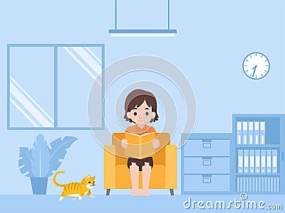 Children Reading a book in new normal life learns lessons distance education at home self learning for prevent coronavirus Vector Illustration