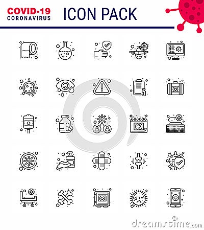 COVID19 corona virus contamination prevention. Blue icon 25 pack such as computer, warning, clean, vacation, airplane Vector Illustration