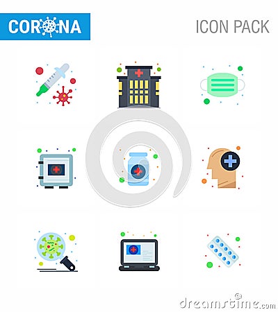 COVID19 corona virus contamination prevention. Blue icon 25 pack such as fitness, securitybox, mask, safe, medical Vector Illustration