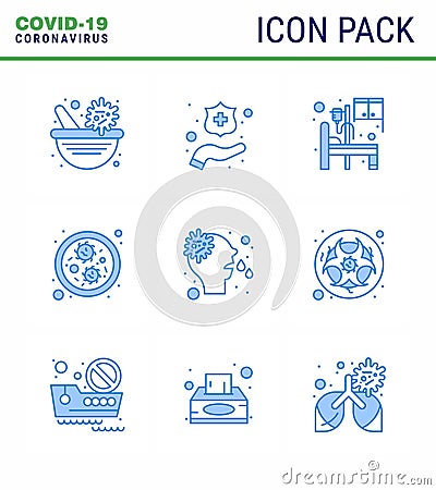 COVID19 corona virus contamination prevention. Blue icon 25 pack such as virus, nose, hospital, allergy, germs Vector Illustration