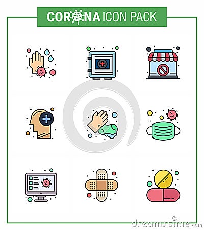 COVID19 corona virus contamination prevention. Blue icon 25 pack such as soap, medical, securitybox, healthcare, banned Vector Illustration